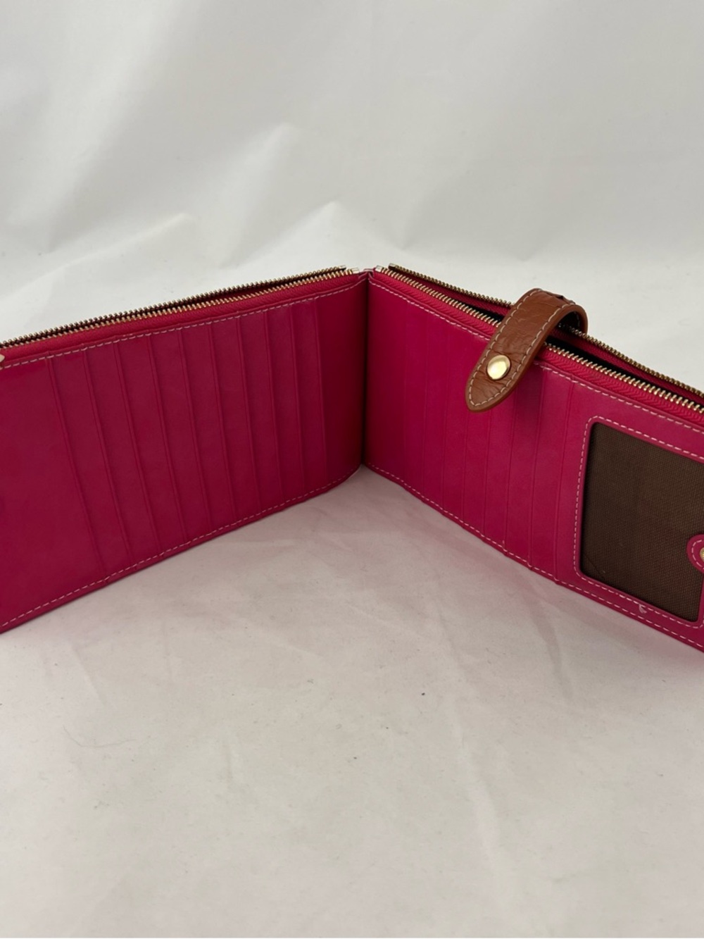 Pink Leather Zip Wallet with Brown Snap Tab - Picture 3 of 5